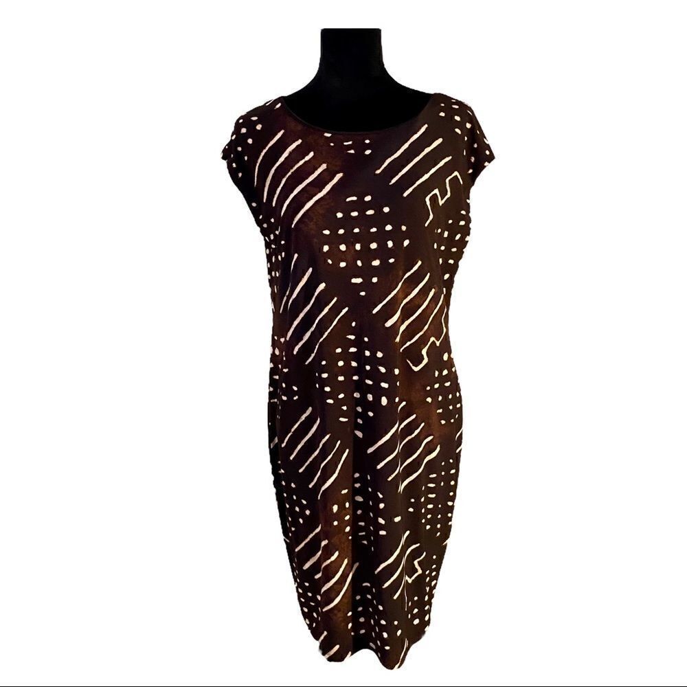 LRL Brown & Tan Geometric Design Cap Sleeved Midi Dress Sz. M